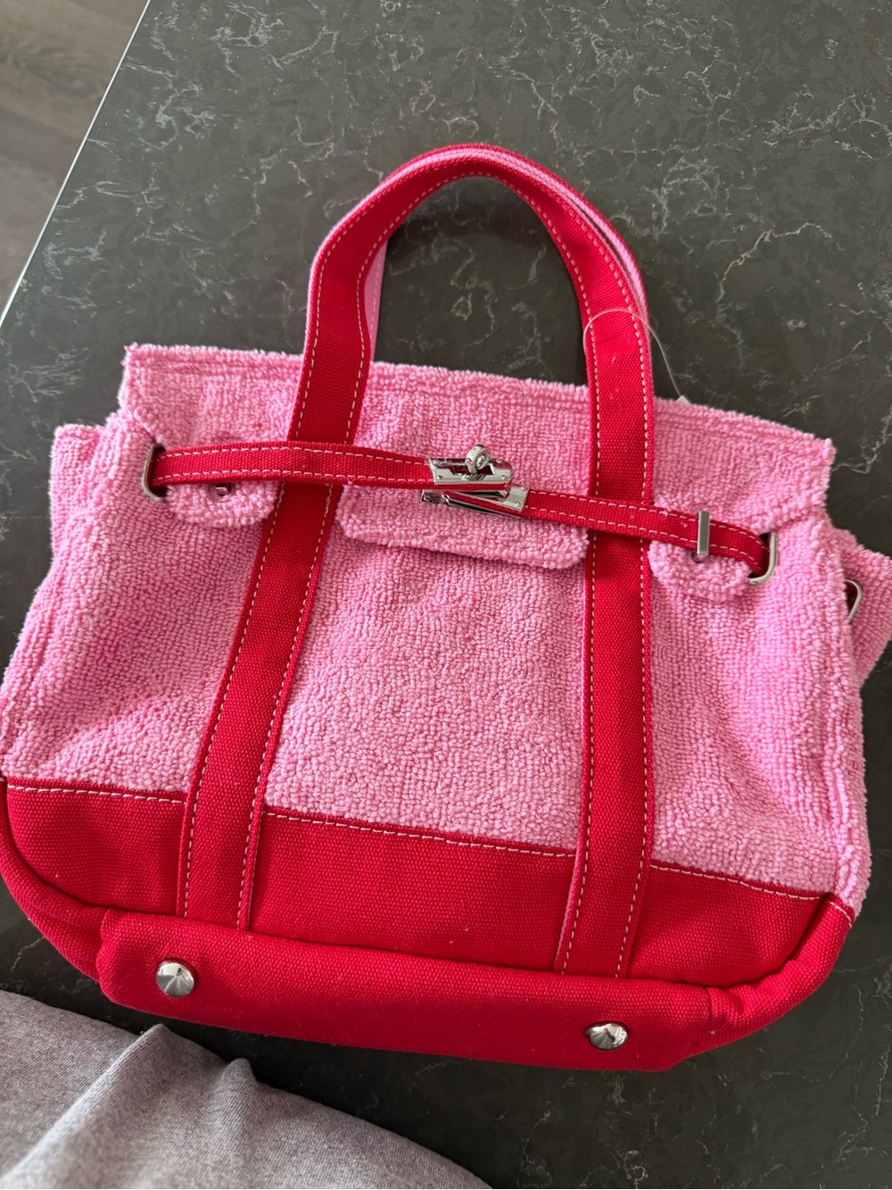 Pink and Red Women's Tote Bag - Casual Terry Cloth Handbag